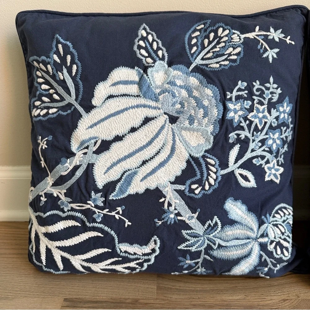 Pottery Barn Rare Navy Blue Floral Embroidered Pillows Set of 2